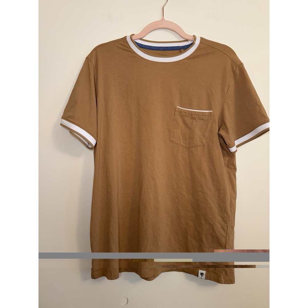 Free Planet Mens M Ringer Pocket T-Shirt Tan Camel Cotton Blend Palm Tree Logo